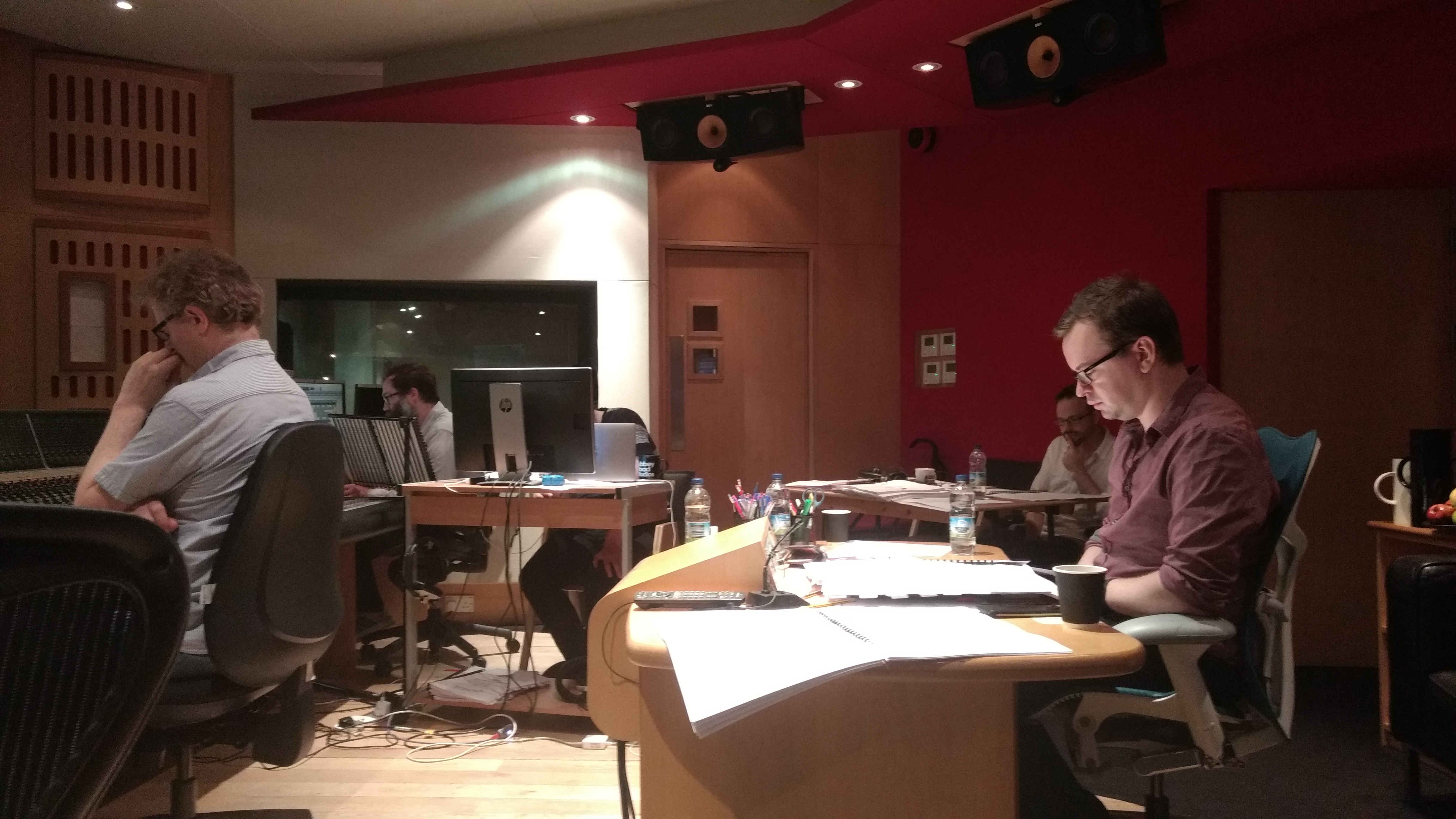 Gareth Coker in the control room with Simon (left), Gordon (middle left) and Zach (right)